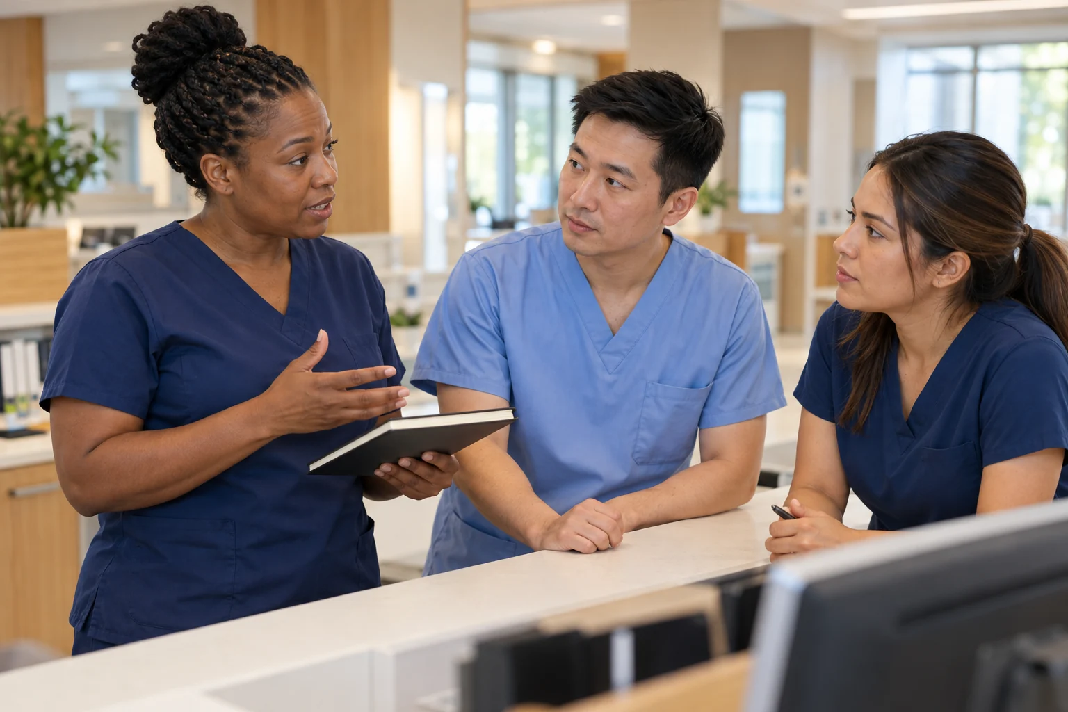 Illustrative diverse healthcare professionals collaborating at a nursing workstation
