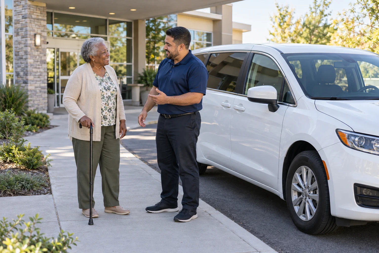 Illustrative older adult speaking with a driver beside a parked passenger minivan outside a clinic