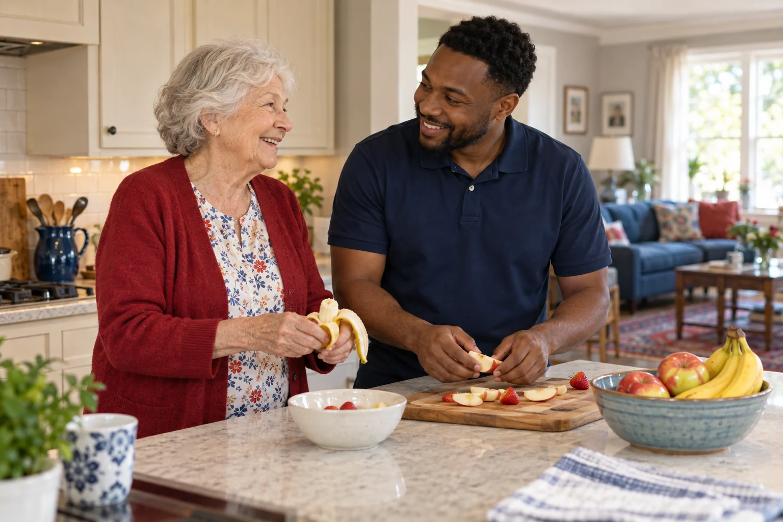 Illustrative caregiver and older adult preparing a fruit snack together in a welcoming home kitchen