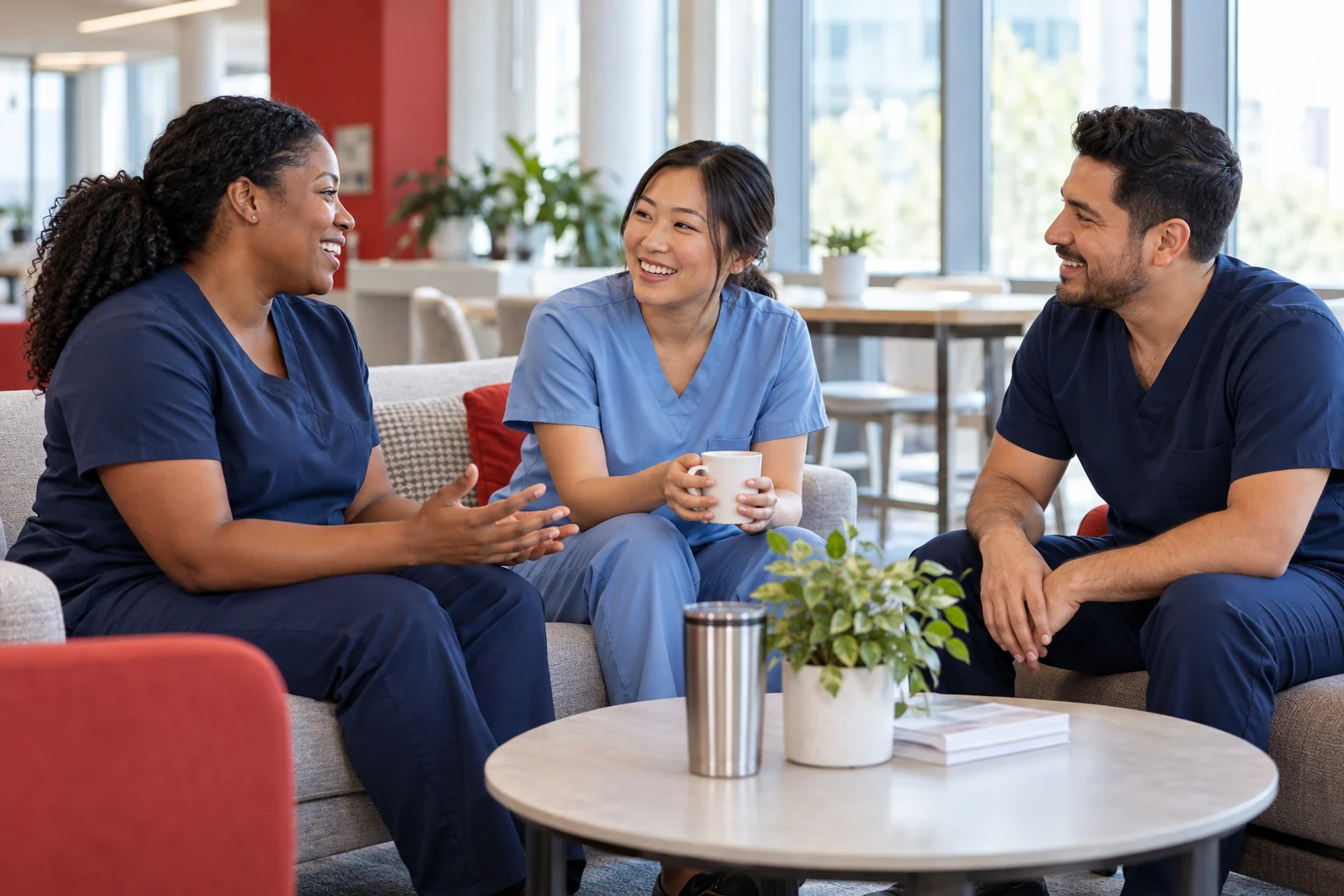 Illustrative diverse healthcare professionals collaborating in a bright staff lounge
